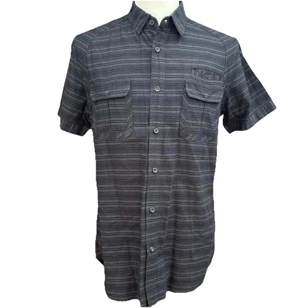 Howe Mens Button Up Shirt Large Grey Black Striped Short Sleeve Utility‎ Urban